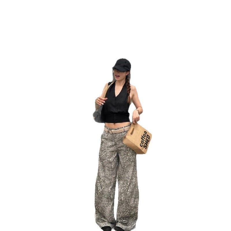 Women jeans loose straight high waist leopard pants wide leg pants