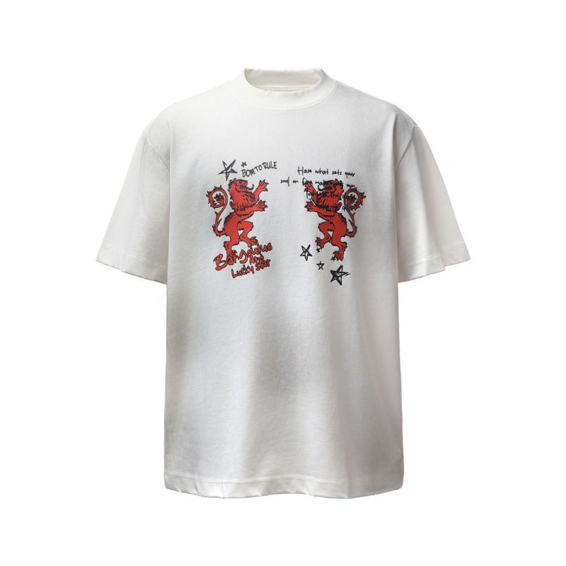 Men's t-shirt - american retro heavyweight double yarn garment-dyed print design, men's high street oversized short sleeve tee