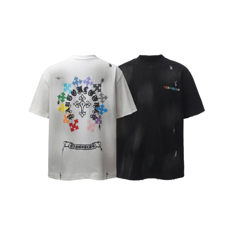 Men's t-shirt: american retro heavyweight double yarn garment-dyed crew neck logo design, high street style, relaxed fit short sleeve tee