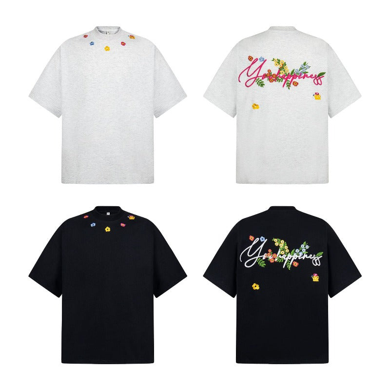 Men's t-shirt - american retro unisex short sleeve colorful thousand-needle embroidery design - men's high street loose fit t-shirt
