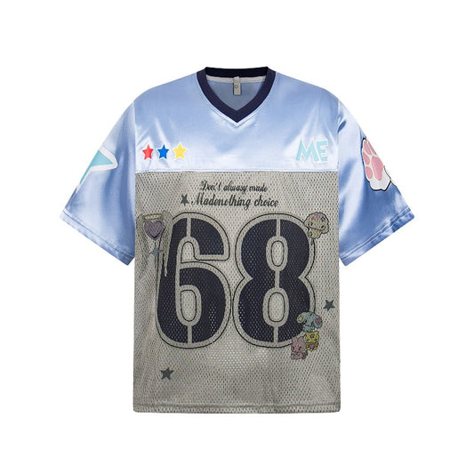 Men's t-shirt - american retro unisex patchwork print breathable jersey short sleeve design - men's high street loose fit tee
