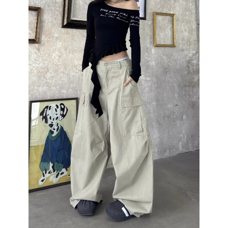 Women's jeans women's loose multi-pocket wide-leg pants