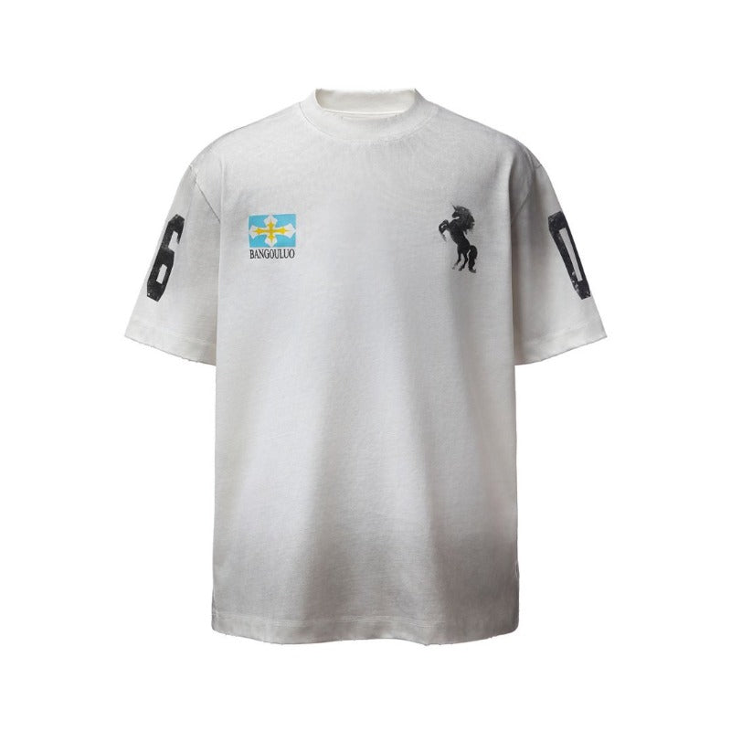 Men's t-shirt - american retro heavyweight double yarn distressed print design, men's crew neck high street loose fit short sleeve tee
