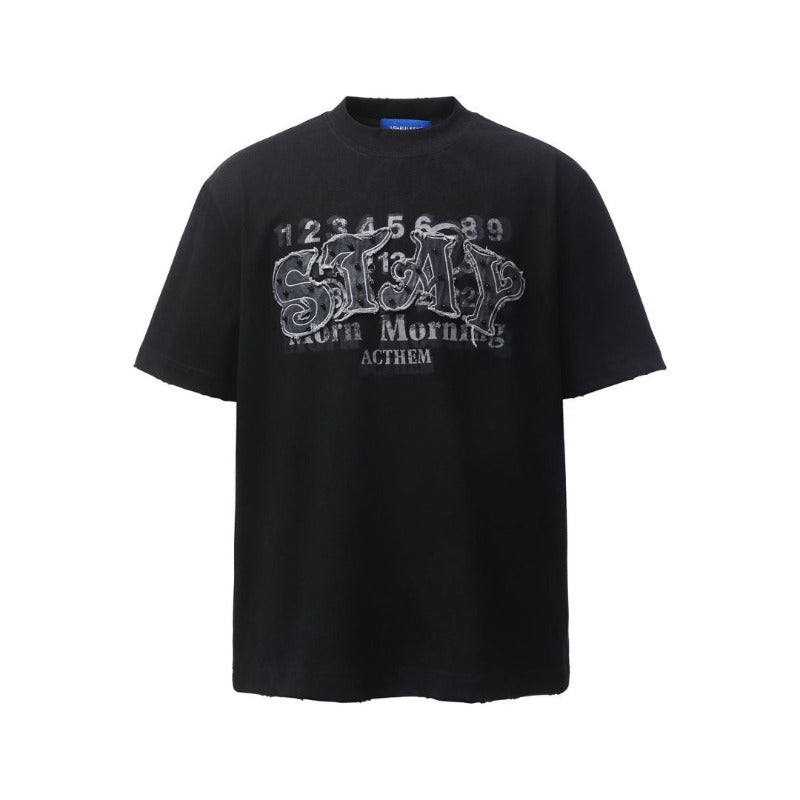 Men's t-shirt: american retro heavyweight double yarn high-quality spray-dyed appliqué embroidery design, men's loose-fit short-sleeve t-shirt