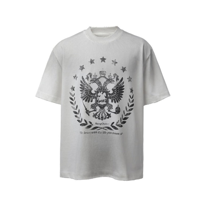 Men's t-shirt - american retro heavyweight double yarn distressed print design, men's high street oversized short sleeve tee