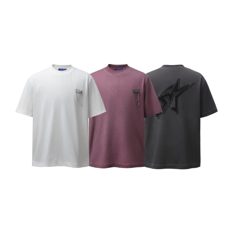 Men's t-shirt - american retro heavyweight premium streetwear patch embroidery high street loose fit summer short sleeve tee