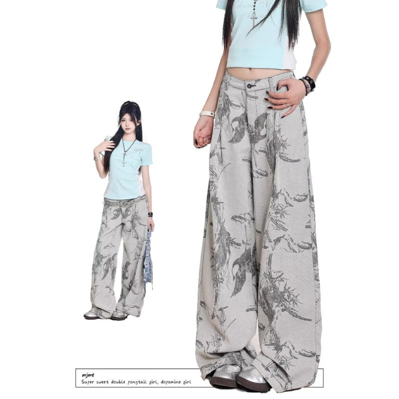 Women jeans retro jacquard loose