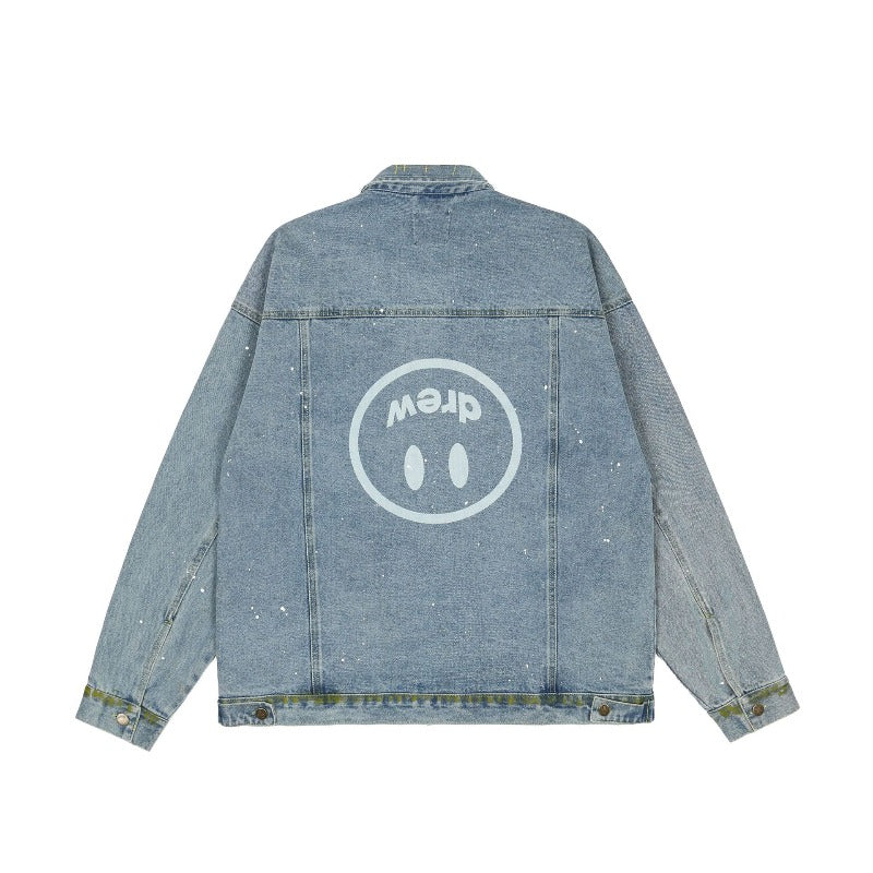 Drew house jacket early autumn d@ew flip smiley face splash ink printing denim outwear