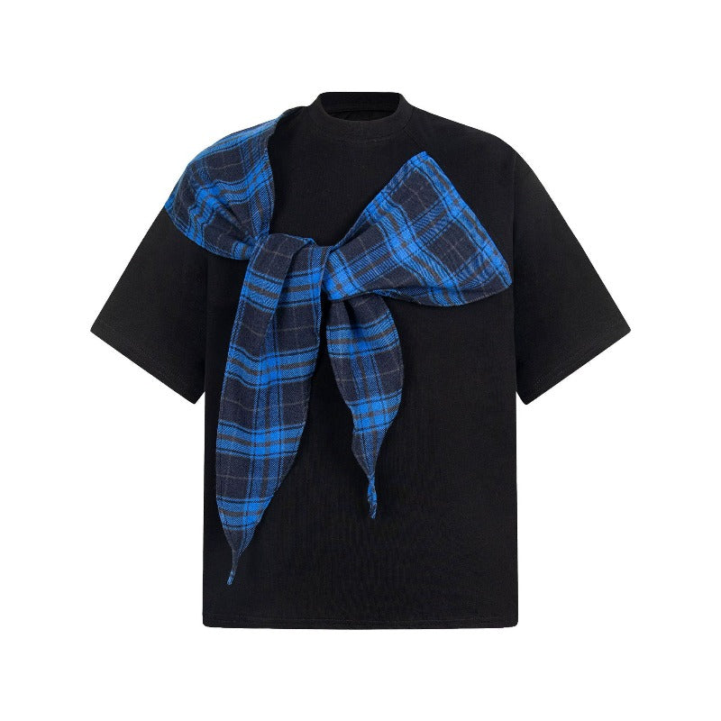 Men's t-shirt: american retro unisex style, double-yarn square scarf accent, short sleeve design, men's loose fit short sleeve t-shirt