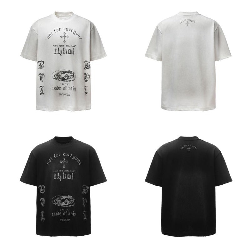 Men's t-shirt - american retro heavyweight double yarn washed & distressed print design - men's high street oversized short sleeve tee