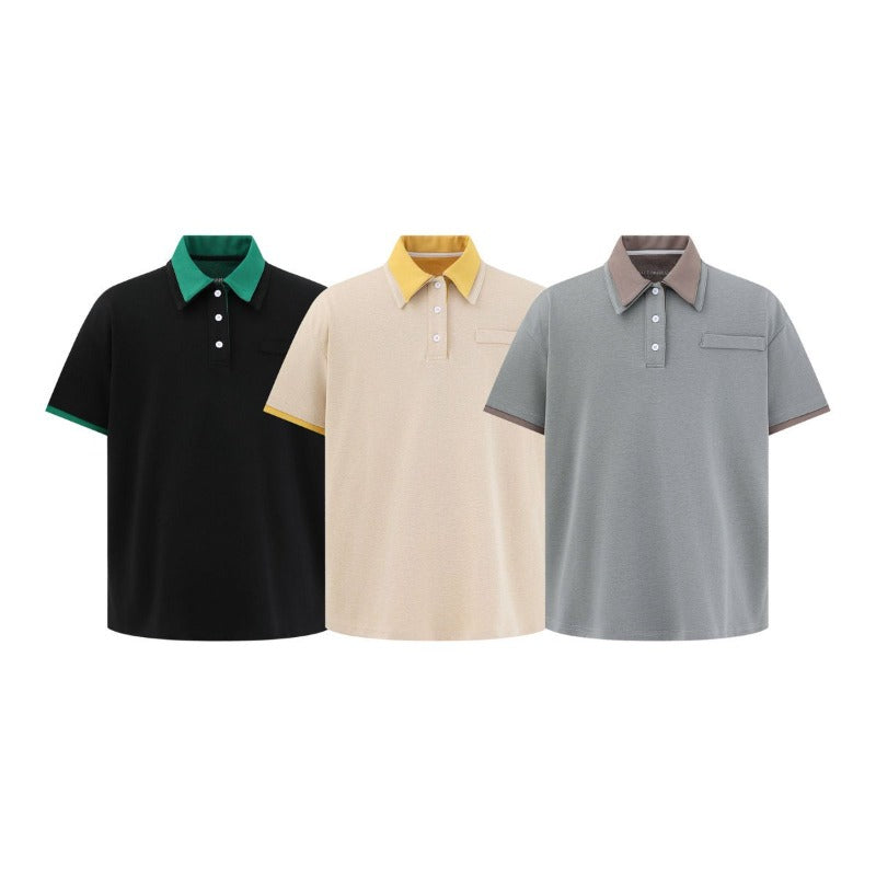 Men's t-shirt: american-style unisex summer streetwear, premium minimalist color block design, relaxed fit, men's turn-down collar short sleeve tee