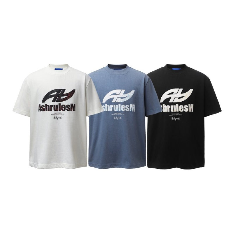 Men's t-shirt - american retro heavyweight double yarn distressed letter print design - men's high street oversized short sleeve tee