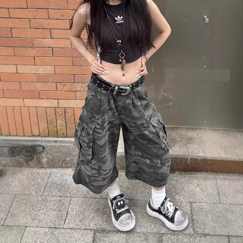 Women's jeans retro camouflage women's summer high-waisted loose cropped pants
