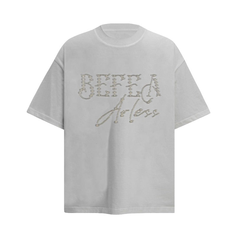 Men's t-shirt: american street style summer beaded graphic design, oversized premium heavyweight short sleeve tee
