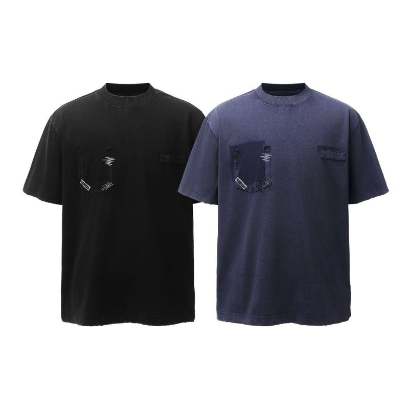 Men's american retro heavyweight double yarn embroidered deconstructed design crew neck high street oversized short sleeve t-shirt