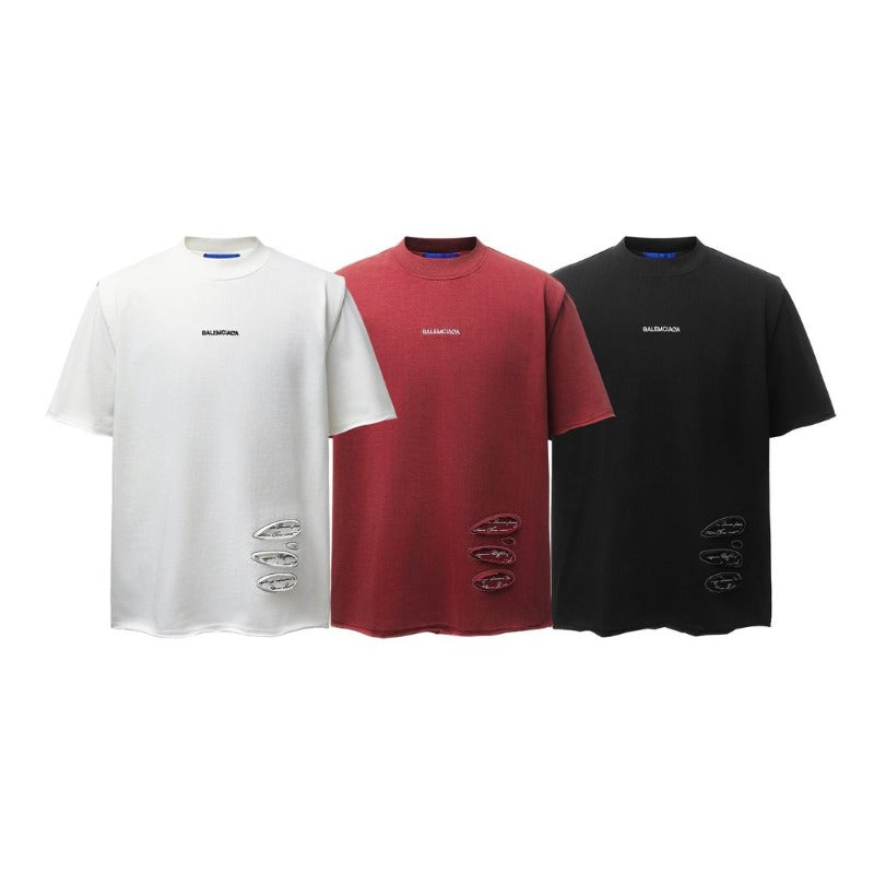 Men's t-shirt: american retro heavyweight double yarn high-quality letter print design, distressed loose fit short sleeve tee