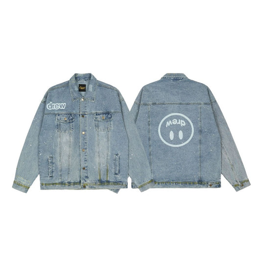 Drew house jacket early autumn d@ew flip smiley face splash ink printing denim outwear