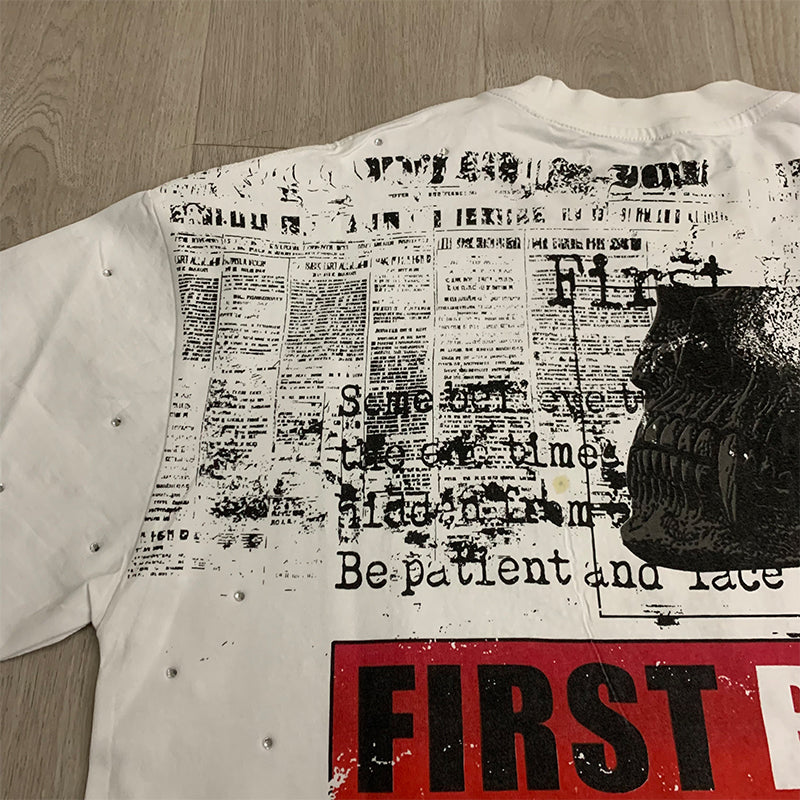 First Row T Shirts BREAKING NEWS BURNING FLAMES CROPPED TEE Fashion Hot Diamond Trend Brand
