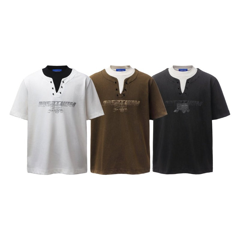 Men t shirt american retroheavy weightg double yarn high quality street trendy patchwork color matching high street men's loose short-sleeved t-shirt
