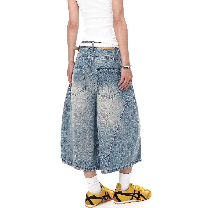Women jeans retro washed scimitar jeans summer wide leg loose shorts
