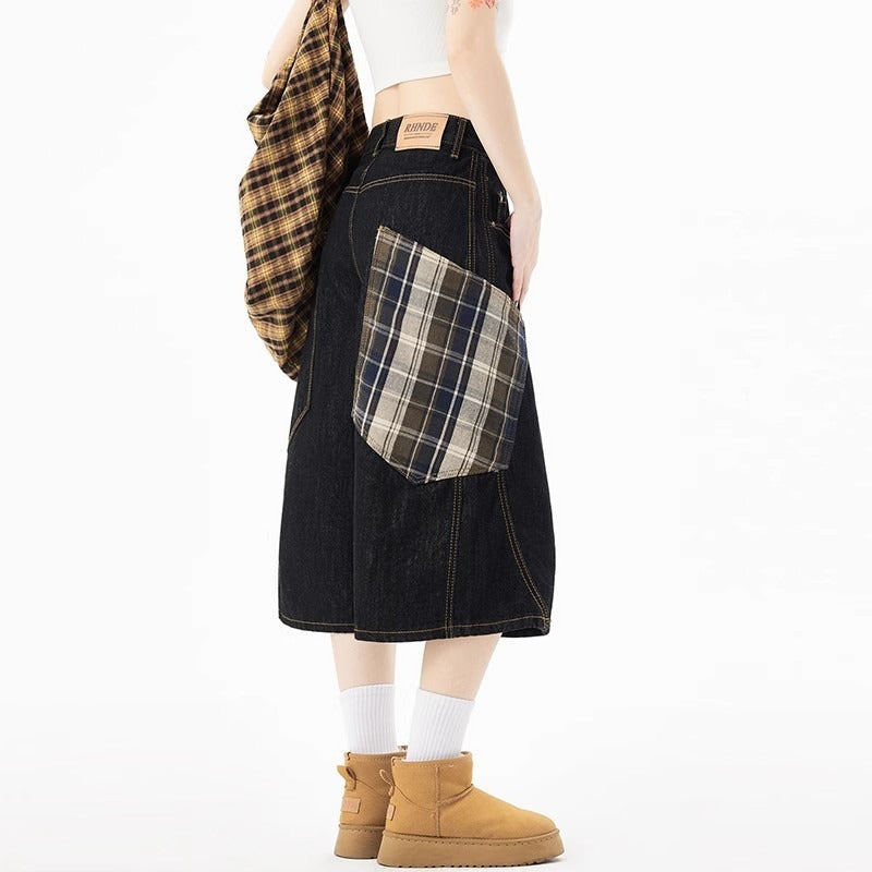 Women's jeans retro plaid stitching seven-point jeans women's loose