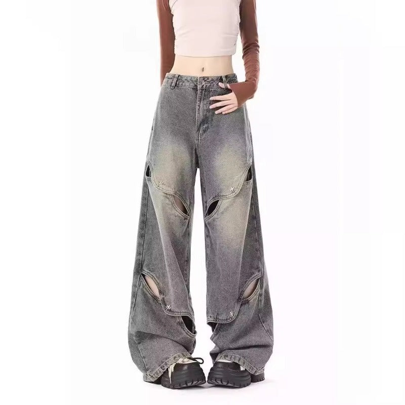 Women's Jeans Retro Ripped Wide Leg Pants Women