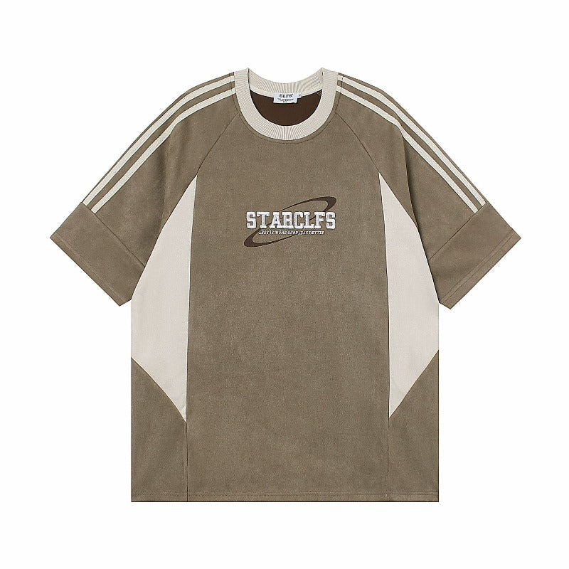Men's jt american streetwear summer suede letter embroidery premium design loose fit short sleeve t-shirt