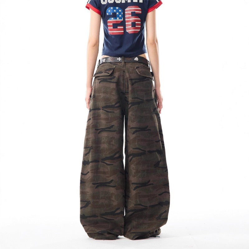 Women's jeans women's retro camouflage loose wide-leg pants
