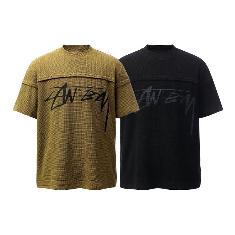 Men's t-shirt: american retro heavyweight waffle knit letter print deconstructed design, high street oversized short sleeve tee