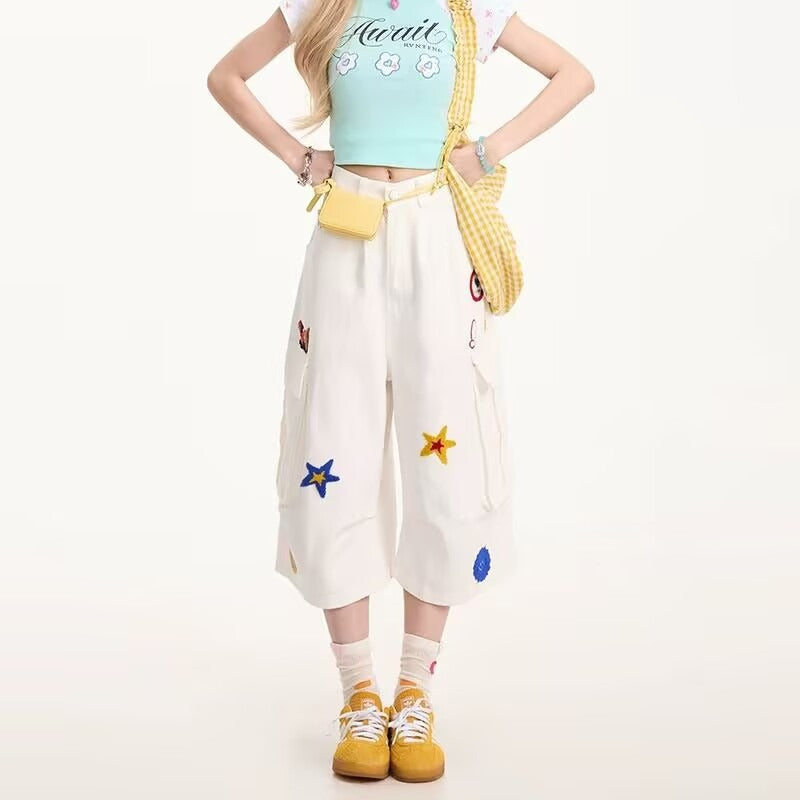 Women jeans star embroidersummerloose cropped pants