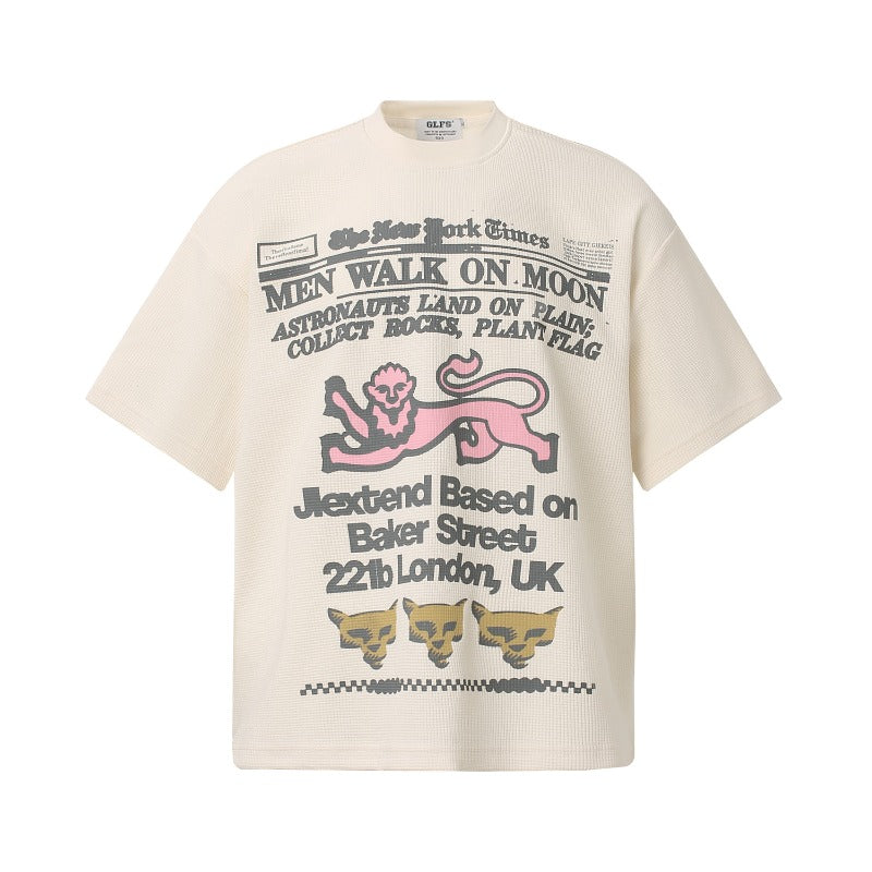 Men t shirt t american retrocouple street trendy waffle pattern printing design high street men's loose round neck t-shirt