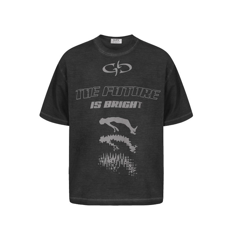 Men's t-shirt: gt american retro couple street style high-end washed & distressed design, men's loose fit crew neck tee