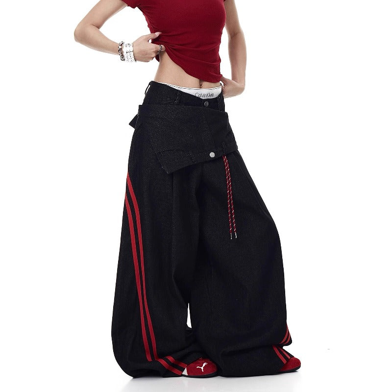 Women jeans removable fart curtain contrasting splicing loose pants