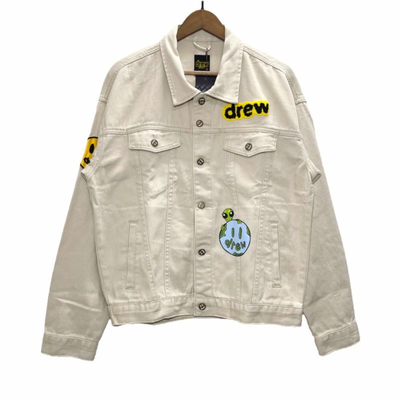 Drew house jacket - spring/autumn d@ew smiley face multi-element alien badge patchwork illustration denim jacket