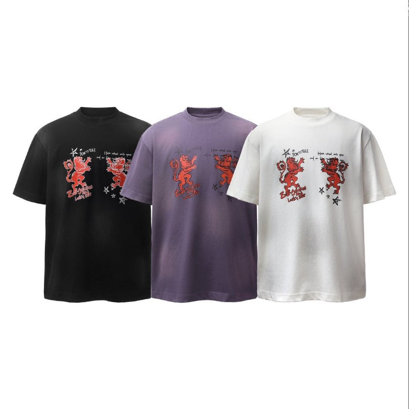 Men's t-shirt - american retro heavyweight double yarn garment-dyed print design, men's high street oversized short sleeve tee