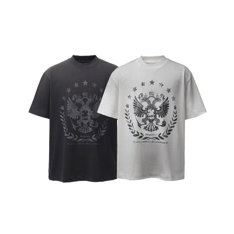 Men's t-shirt - american retro heavyweight double yarn distressed print design, men's high street oversized short sleeve tee