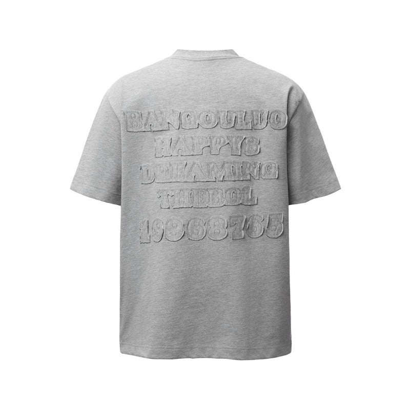 Men's t-shirt - american retro heavyweight double yarn letter patch embroidery design - men's high street oversized short sleeve tee