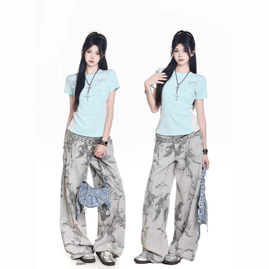 Women jeans retro jacquard loose