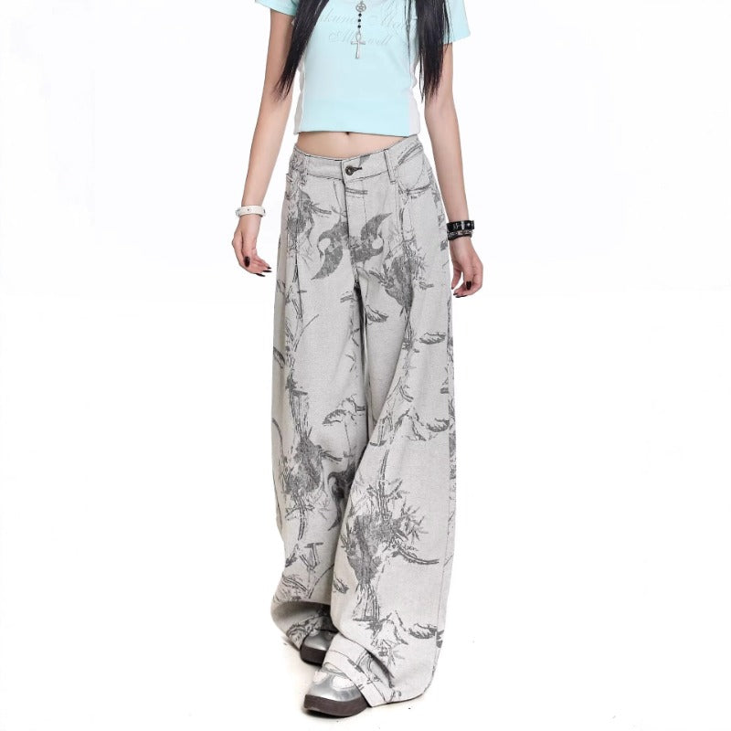 Women jeans retro jacquard loose
