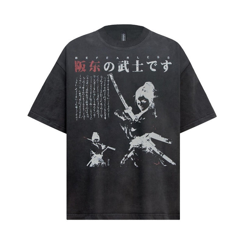 Men's t-shirt - american streetwear summer retro anime girl samurai design - premium quality loose fit short sleeve tee