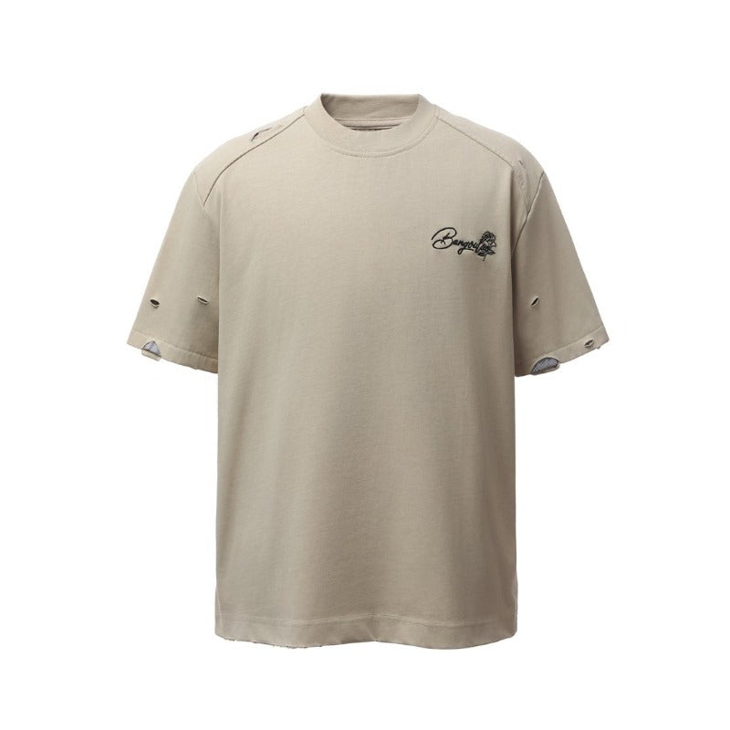 Men's t-shirt - american retro heavyweight double yarn embroidered logo distressed design high street oversized short sleeve tee