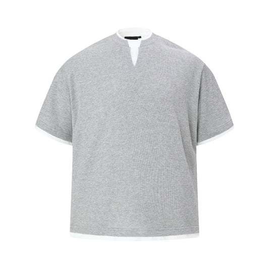 Men's t-shirt - american retro streetwear, unisex solid color waffle knit faux two-piece design, high street oversized short sleeve tee
