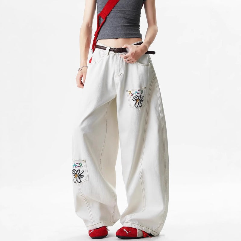 Women's jeans vintage flower embroidery print women's summer loose trousers