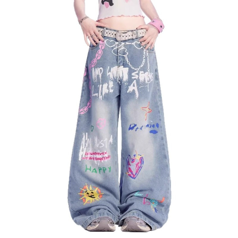 Women's jeans graffiti waist chain wide leg pants women