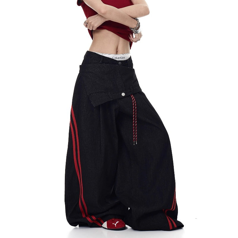 Women jeans removable fart curtain contrasting splicing loose pants