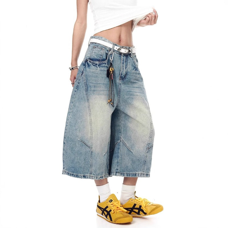 Women jeans retro washed scimitar jeans summer wide leg loose shorts