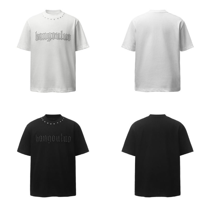 Men's t-shirt: american retro heavyweight double yarn letter hotfix round neck design, men's high street loose fit short sleeve tee