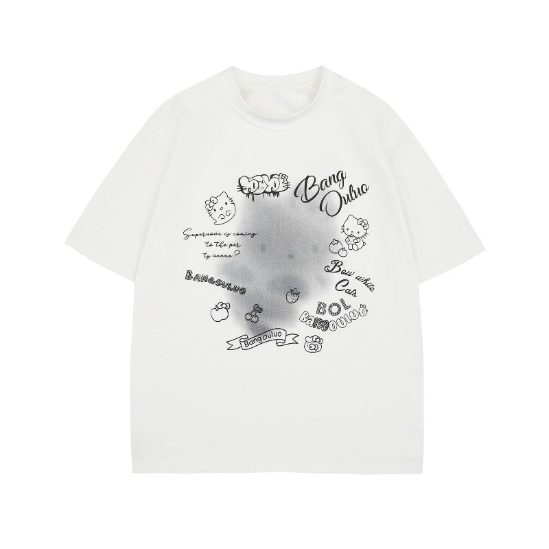 Men's t-shirt - american street style, premium summer design with cartoon hello kitty graphic, loose fit short sleeve tee