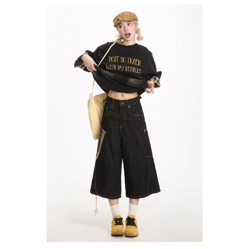 Women's jeans retro plaid stitched women's summer loose cropped pants