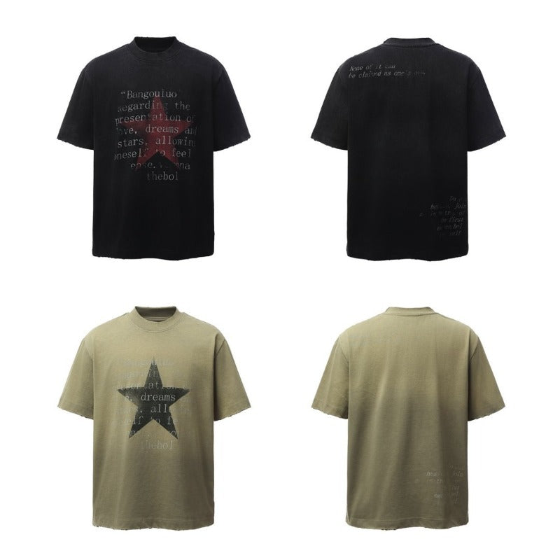 Men's t-shirt - american retro heavyweight double yarn distressed print design, men's high street oversized short sleeve tee